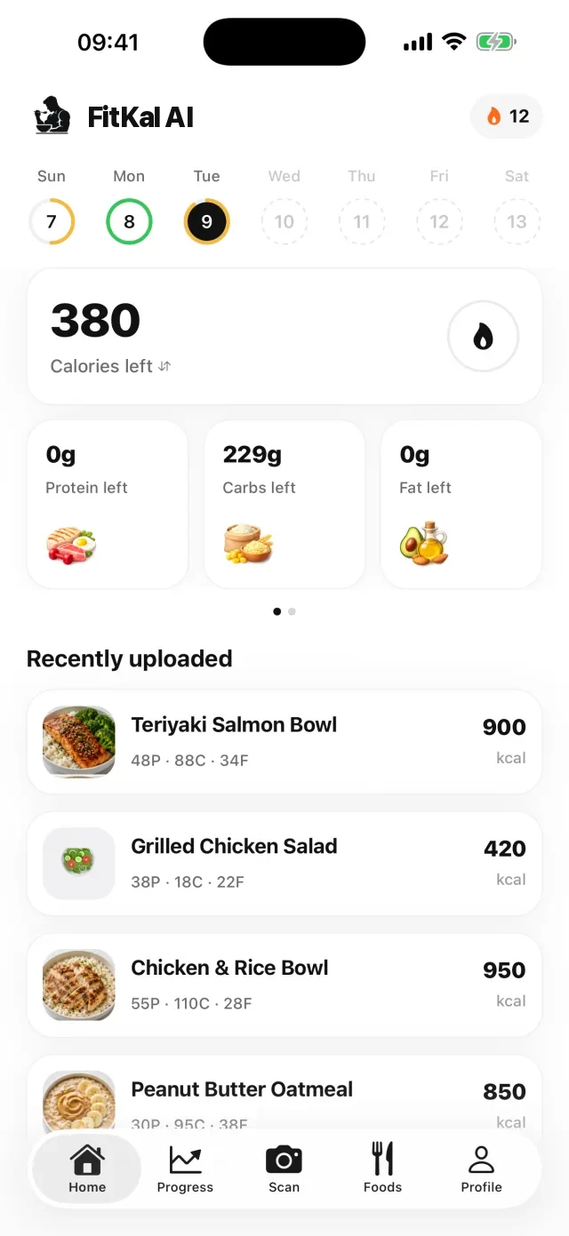 FitKal AI home screen with calories left and today's meals